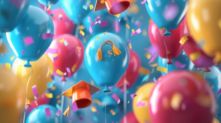 A close-up photo of colorful balloons with graduation caps and confetti, celebrating a graduation party.の素材