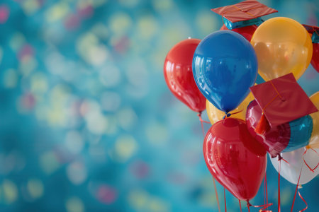 Close-up photo of graduation balloons with celebratory messages and school symbols against a blue background.の素材