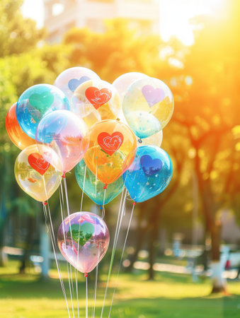 A bunch of colorful balloons with graduation messages float in the air against a sunny park backdrop.の素材