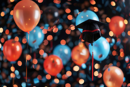 A graduation party scene featuring colorful balloons with congratulatory messages and school symbols.の素材