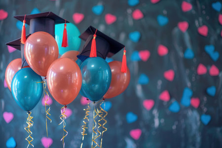 A close-up photo of colorful graduation balloons with black caps and red tassels, set against a blurry background of more balloons and congratulatory messages.の素材