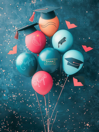 A cluster of colorful balloons decorated with graduation caps and congratulatory messages against a blue background with glitter.の素材