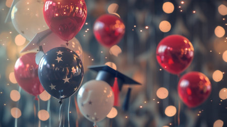 Festive graduation party balloons with stars and graduation caps against a blurry background of lights.の素材