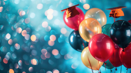 A close-up of colorful balloons with graduation caps, against a blue bokeh background.の素材
