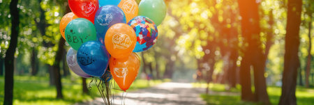 A cluster of balloons with congratulatory messages and school symbols floats in a park, celebrating a graduation party.の素材