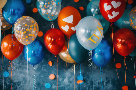 A close-up shot of colorful balloons with congratulatory messages and school symbols against a blue backdrop, capturing the celebratory mood of a graduation party.の素材