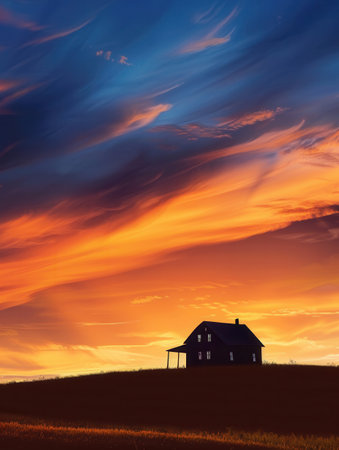 A picturesque sunset illuminates a peaceful rural scene, featuring a farmhouse silhouette against a vibrant sky.の素材
