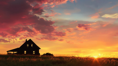 A peaceful rural scene with a farmhouse silhouette set against a stunning sunset sky, perfect for agritourism and farm product promotions.の素材