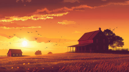 A peaceful rural scene with farmhouse silhouettes against a vibrant sunset sky. Perfect for agritourism and farm product promotions.の素材