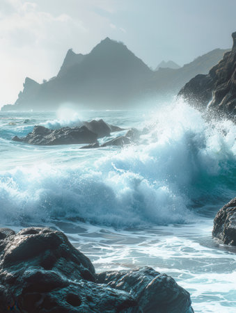 A dramatic scene of powerful ocean waves crashing against picturesque rocks, creating a feeling of adventure and excitement.の素材