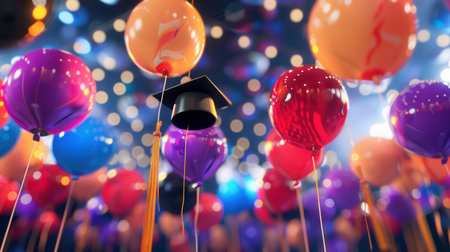 A celebratory graduation party scene featuring colorful balloons with congratulatory messages and university symbols.の素材
