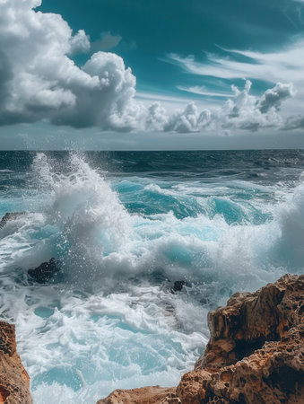 Dramatic image of powerful ocean waves crashing against picturesque rocks. This scene is perfect for adventure tourism companies and surf schools.の素材