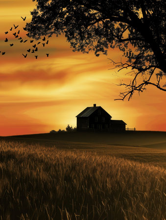 A tranquil scene of a farmhouse silhouetted against a vibrant sunset sky. Perfect for farm tourism and product promotions.の素材
