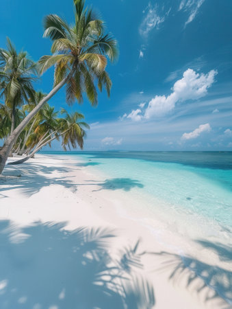 A serene tropical beach scene with white sand, clear blue water, and swaying palm trees creating a picture-perfect escape.の素材