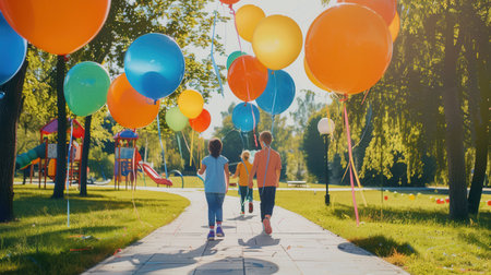 Four children walk through a park with balloons decorated for a graduation party.の素材
