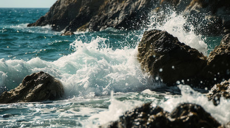 A dramatic scene of powerful ocean waves crashing against picturesque rocks on a sunny day. Perfect for adventure tourism companies and surf schools.の素材