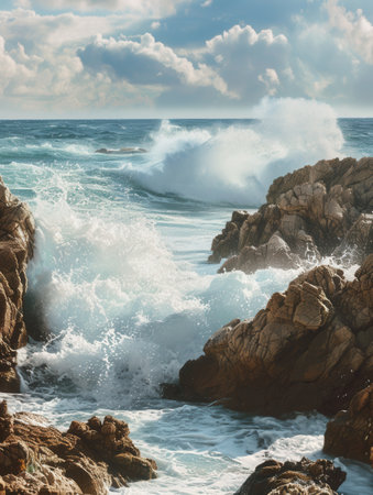 A dramatic seascape with powerful waves crashing against rocky cliffs, creating a sense of adventure and dynamism.の素材