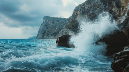 A dramatic scene of powerful ocean waves crashing against picturesque rocks. This adventurous and dynamic scene is perfect for surf schools and adventure tourism companies.の素材