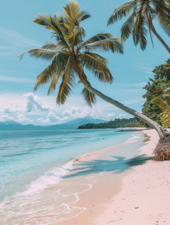 A serene image of a lone palm tree swaying gently over a pristine white sand beach, with crystal-clear turquoise waters lapping at the shore.の素材