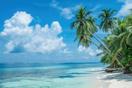 A picturesque scene of a white sand beach with crystal-clear turquoise water and swaying palm trees in the Maldives.の素材