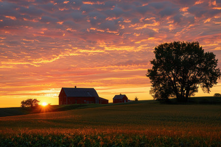 A tranquil scene of rolling farm fields with farmhouse silhouettes against a vibrant sunset sky, perfect for agritourism and farm product promotions.の素材
