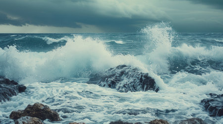A breathtaking image of powerful ocean waves crashing against rugged rocks on a stormy day.の素材