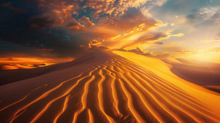 A breathtaking sunset paints the sky with fiery hues as golden light illuminates the rolling sand dunes of a vast desert landscape.の素材