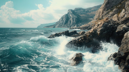A dramatic seascape with large ocean waves crashing against picturesque rock formations, creating a dynamic and adventurous scene.の素材