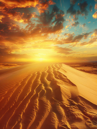 Majestic desert landscape with rolling sand dunes bathed in the golden light of sunset. The fiery sky evokes a sense of adventure and vastness.の素材