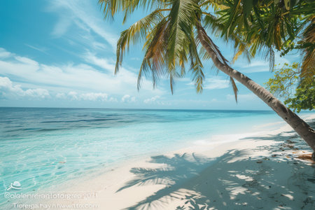 A serene scene of a tropical beach with white sand, clear blue water, and swaying palm trees.の素材
