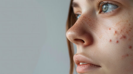 A close-up portrait of a young woman with acne on her face.の素材