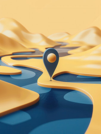 A modern blue and yellow location pin on an abstract map with stylized terrain in yellow and blue colors rendered in 3D.の素材