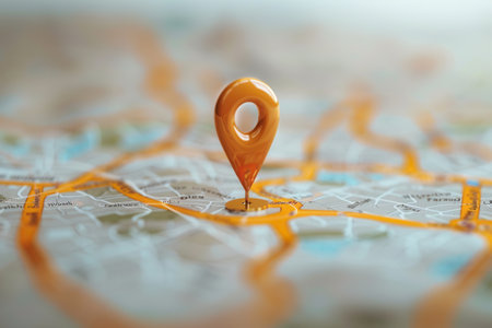 A gold pin on city map symbolizes a destination or point of interest. The clean, modern background is perfect for navigation apps and travel services.の素材