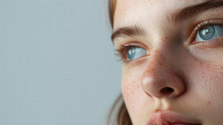 A close-up portrait of a young woman with acne, showing the texture of her skin.の素材