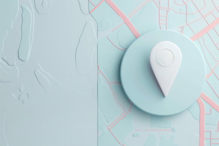 A modern and clean background featuring a white location pin on a light blue map. The image is minimalistic and sleek, perfect for navigation apps and travel services.の素材