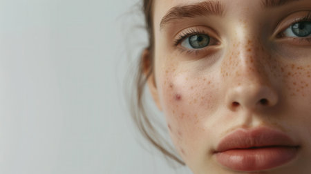 A close-up image of a young womans face showing acne. The image is taken before treatment and focuses on the skin condition.の素材