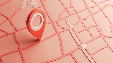 Minimalistic and sleek image featuring a red location pin on a clean, modern map background. Perfect for navigation apps and travel services.の素材