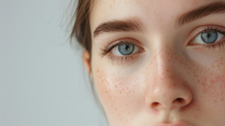 A close-up portrait of a young woman with acne. Her skin is pale and she has a sad expression.の素材
