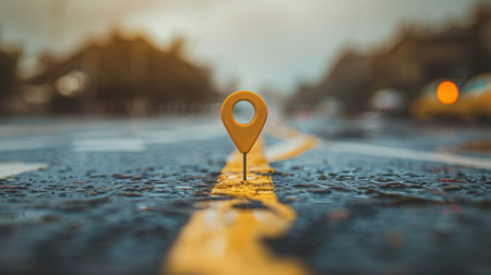 A single yellow location pin stands on a paved road with a blurry background, representing the concept of navigation and travel.の素材