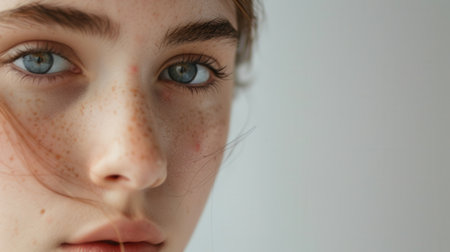 A close-up portrait of a young woman with acne on her skin. The image captures her facial expressions and the texture of her skin.の素材