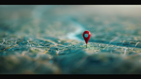 A minimalistic and sleek image featuring a red location pin on a detailed map background. Perfect for navigation apps and travel services.の素材