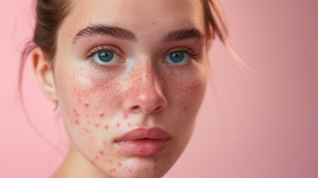 A close-up portrait of a young woman with acne on her face. She has a sad expression and is looking directly at the camera. The background is a soft pink.の素材