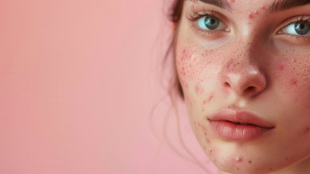 A close-up shot of a young woman with visible acne on her face. She is looking directly at the camera with a sad expression.の素材