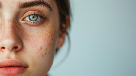 A close-up portrait of a young woman with acne on her face. The image shows the womans face with a neutral expression.の素材
