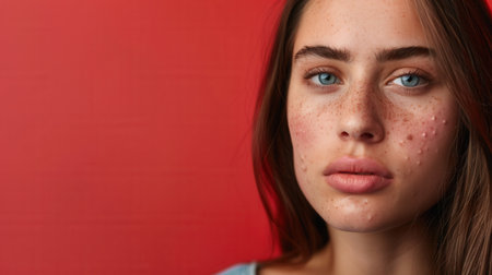A close-up portrait of a young woman with acne.の素材