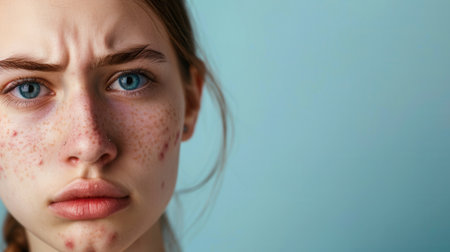 A close-up portrait of a young woman with acne on her face. She has blue eyes and is looking directly at the camera. Her expression is sad.の素材