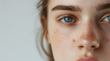 A close-up portrait of a young woman with acne on her face. Her blue eyes look directly at the camera, and she has a sad expression.の素材