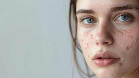 A close-up portrait of a young woman with acne. Her skin is visibly affected by hormonal acne.の素材
