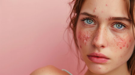 A close-up portrait of a young woman with acne on her face, set against a soft pink background. She looks directly at the camera with a melancholic expression.の素材