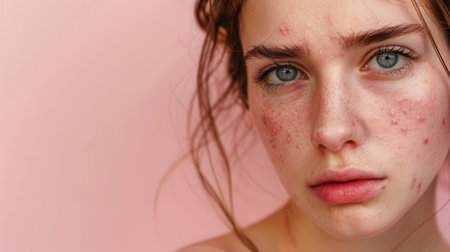 A close-up portrait of a young woman with acne on her face. She is looking directly at the camera with a sad expression. The image is taken against a pink background.の素材